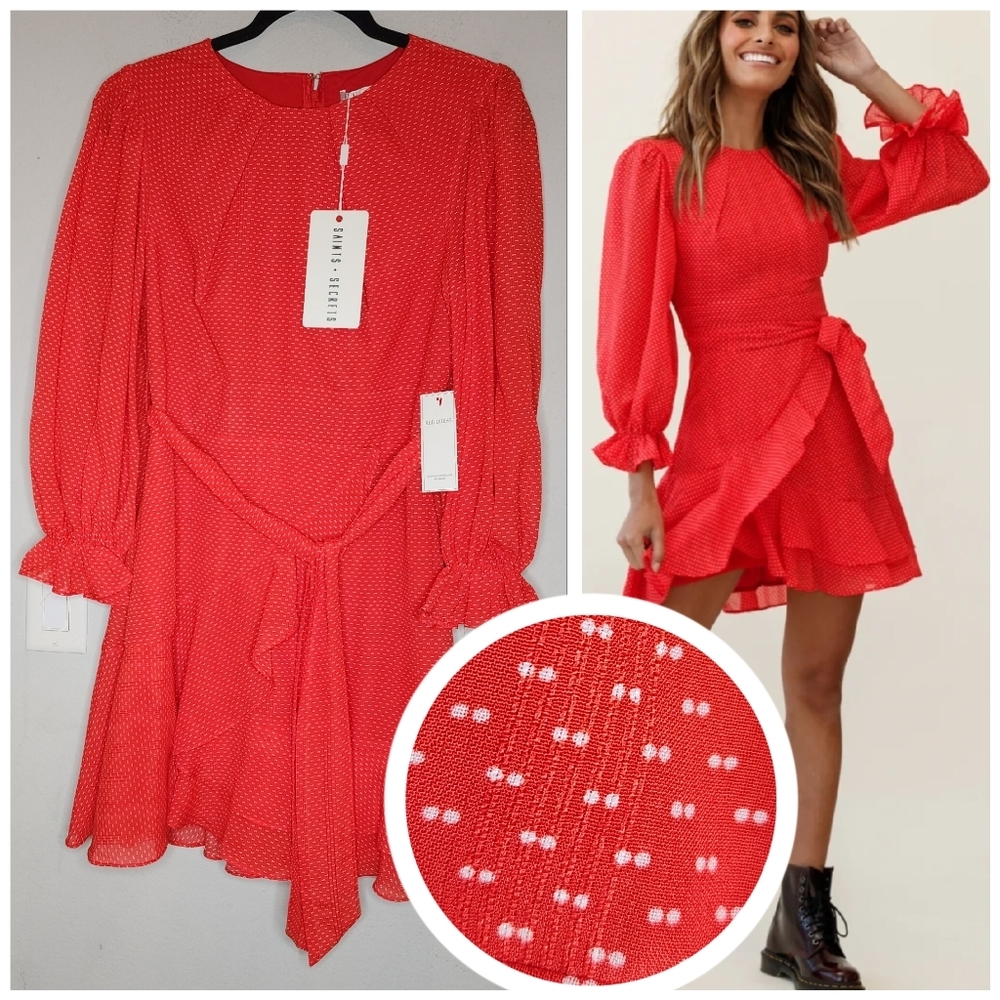 NWT Saints Secrets Red Dress Puff Sleeve Belted Size M/L Faux Wrap